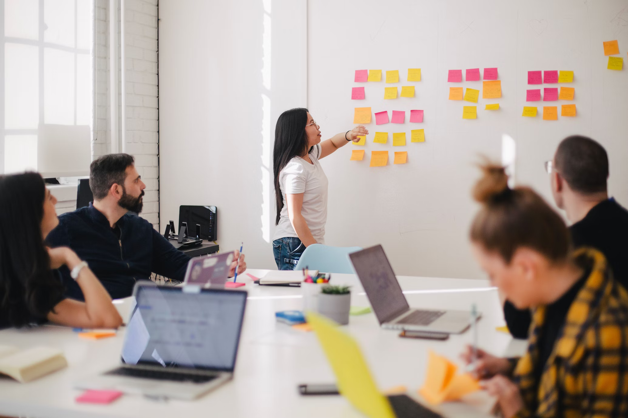 office team training with post its on whiteboard